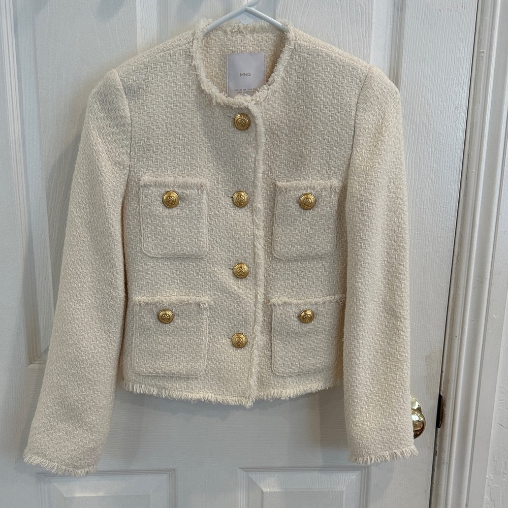 Mango Ivory Tweed Gold-Button Cropped Jacket